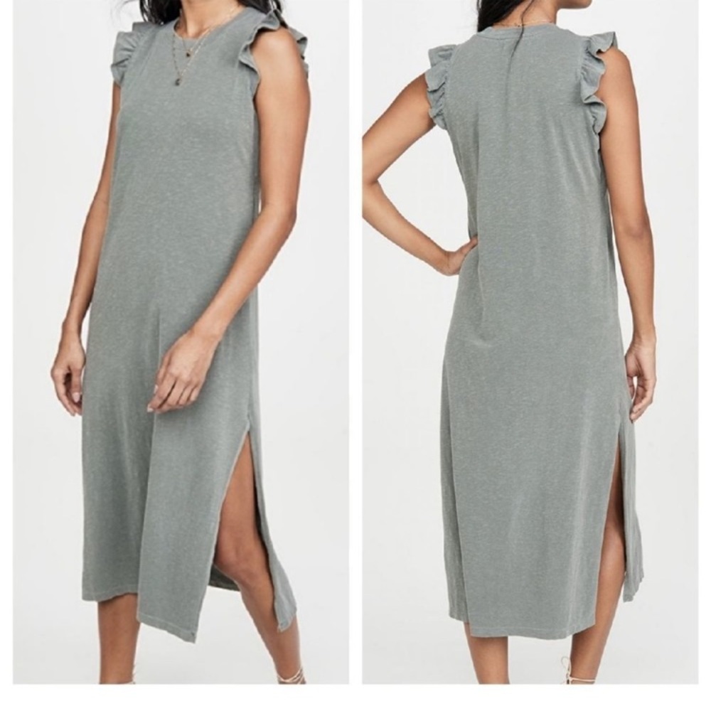 Sundry Sleeveless Ruffle Shoulder Midi Dress with Slit
